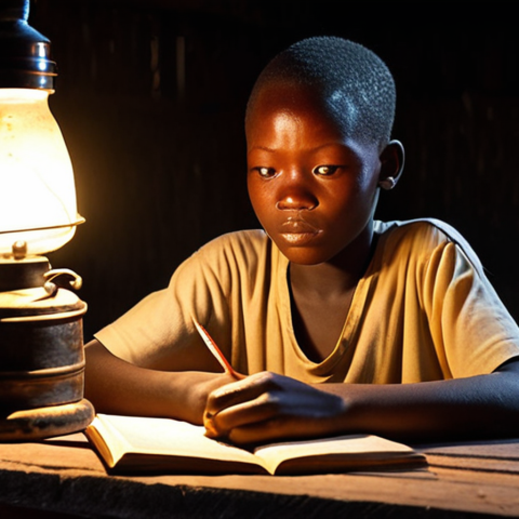 **

A hopeful young student in a rural village in Benin, studying intently by the dim light of a kerosene lamp. The scene should depict resilience and a thirst for knowledge despite challenging circumstances. Style: Realistic, warm lighting.

**