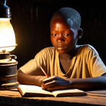 **

A hopeful young student in a rural village in Benin, studying intently by the dim light of a kerosene lamp. The scene should depict resilience and a thirst for knowledge despite challenging circumstances. Style: Realistic, warm lighting.

**