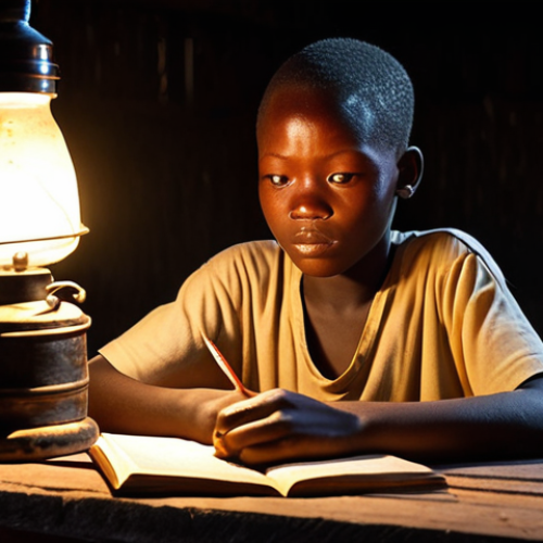 **

A hopeful young student in a rural village in Benin, studying intently by the dim light of a kerosene lamp. The scene should depict resilience and a thirst for knowledge despite challenging circumstances. Style: Realistic, warm lighting.

**