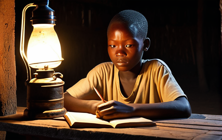 **

A hopeful young student in a rural village in Benin, studying intently by the dim light of a kerosene lamp. The scene should depict resilience and a thirst for knowledge despite challenging circumstances. Style: Realistic, warm lighting.

**